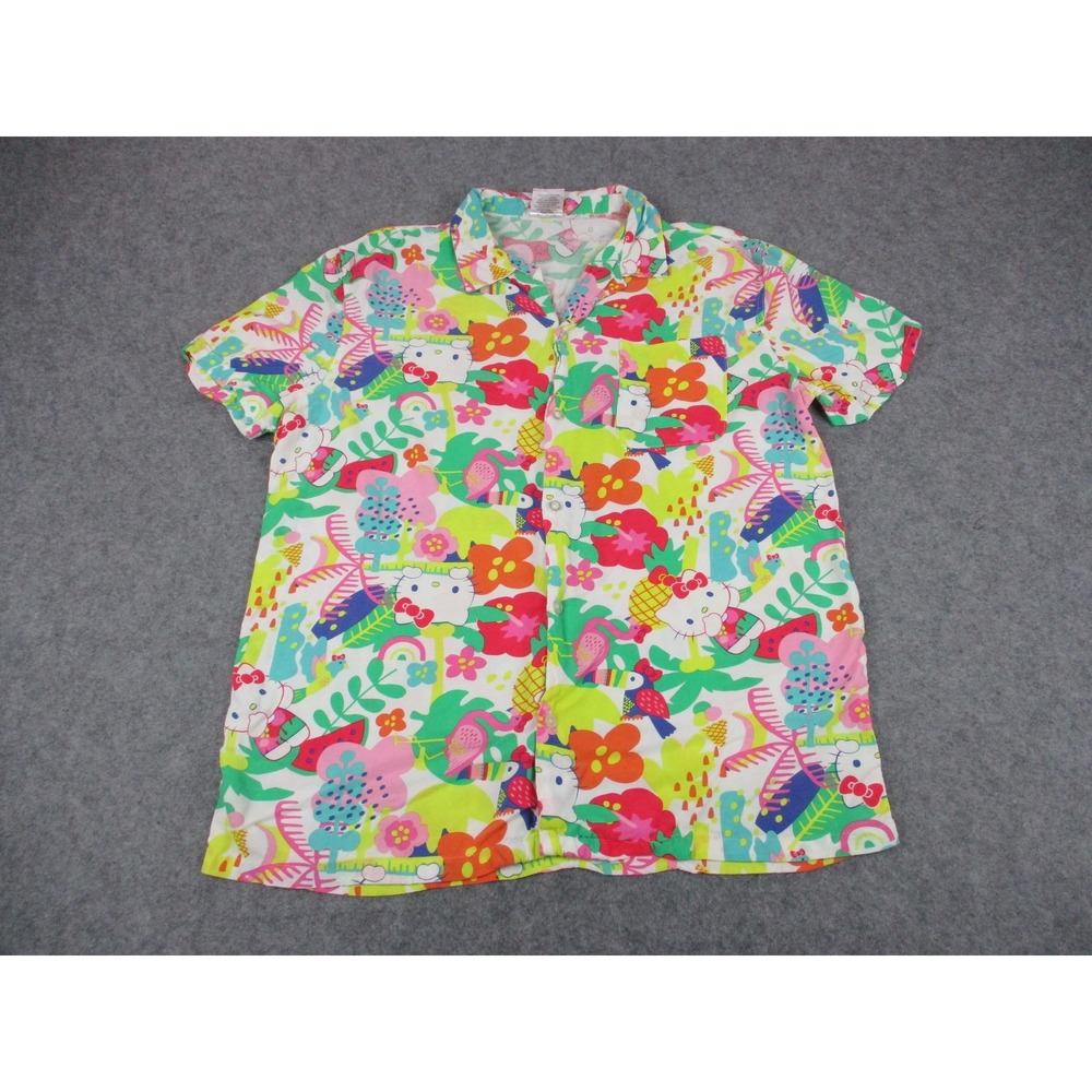 Hello Kitty Shirt Mens Extra Large Pink Yellow Hawaiian Rayon Button Up Colorful